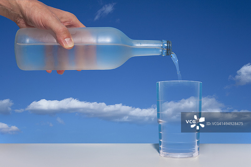 用手把瓶子里的水倒向蓝天图片素材