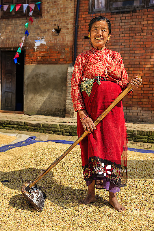 一名尼泊尔妇女在巴德岗晒米图片素材