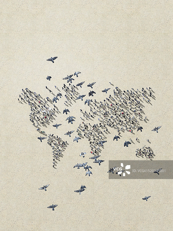 世界地图由行走的人和鸽子组成图片素材