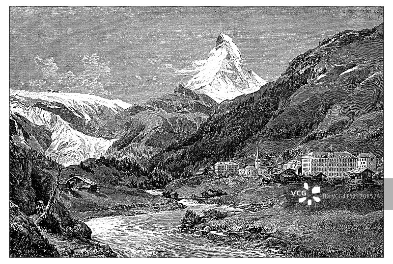 瑞士古董插图:泽马特和马特洪恩图片素材
