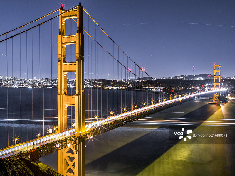 金门大桥和旧金山夜间的天际线图片素材