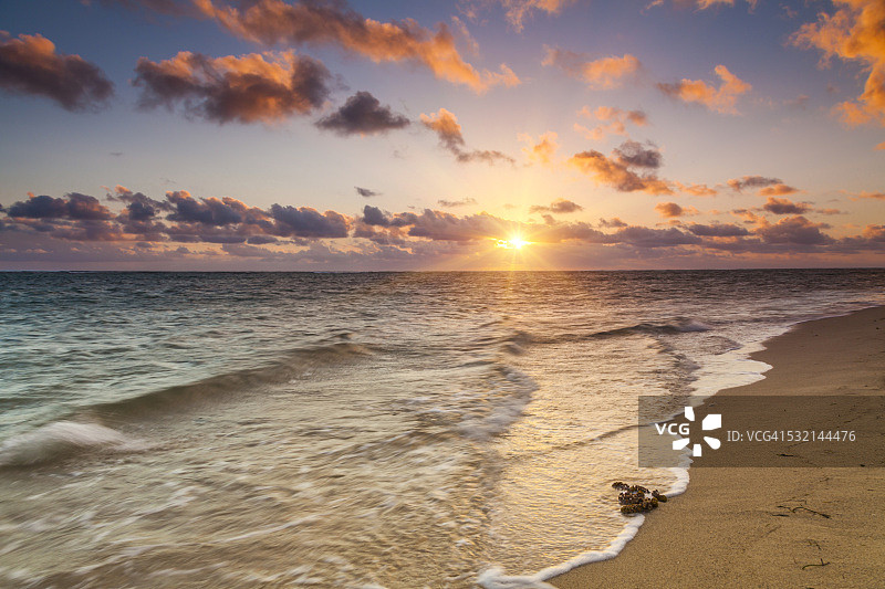美丽的日落在沙滩上，毛里求斯图片素材