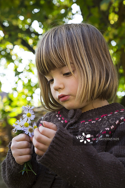 小女孩的肖像与一束野菊花图片素材