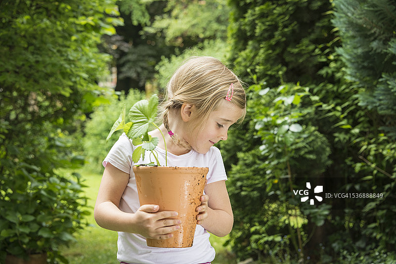小女孩在园艺，手里拿着一盆植物图片素材
