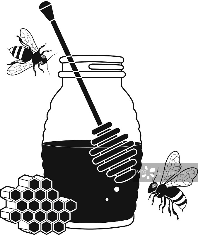 蜂蜜罐与蜜蜂和蜂窝在黑色和白色图片素材