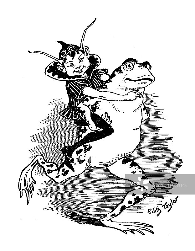 古董童书漫画插图:精灵和青蛙图片素材