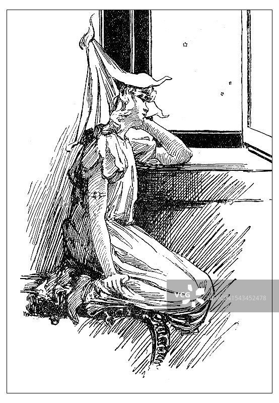 古董童书漫画插图:小女孩望着窗外图片素材