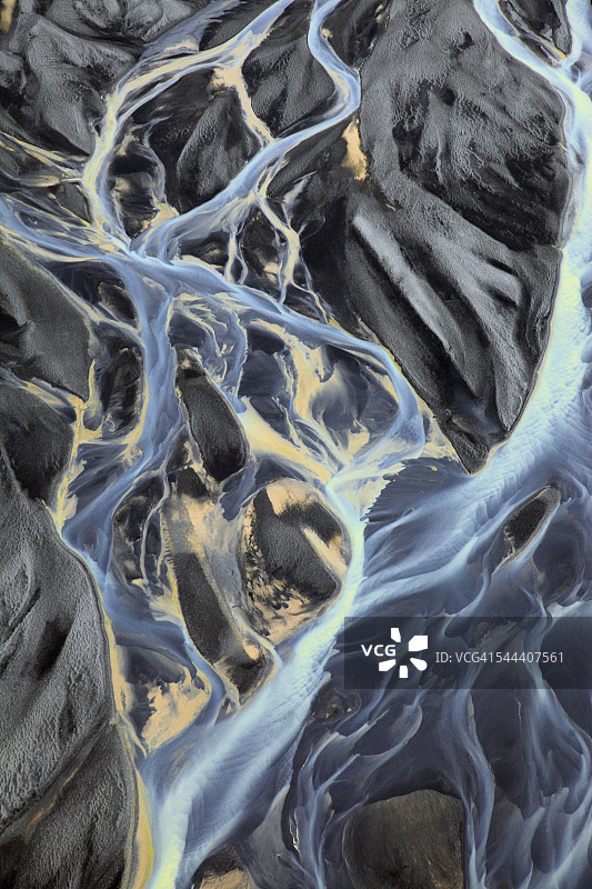 瀑布和蜿蜒的冰川河的航空视图，Landmannalaugar，冰岛图片素材