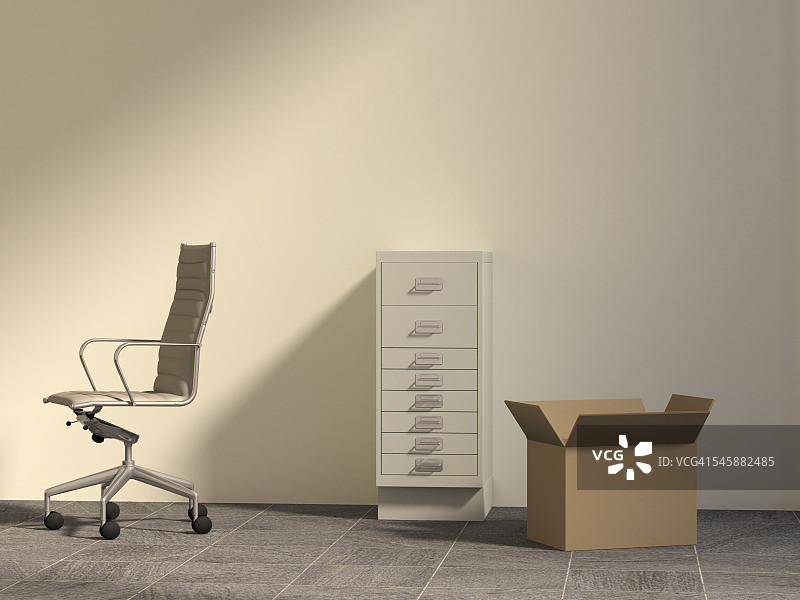 办公椅，抽屉柜和纸板箱在一个空办公室，3D渲染图片素材