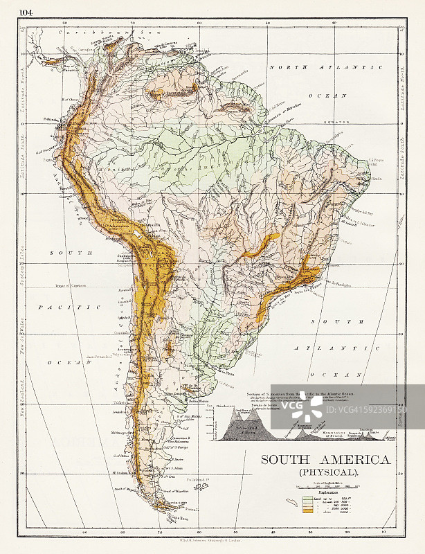 南美物理地图1897年图片素材