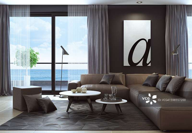 现代黑色豪华风格客厅内饰真皮沙发图片素材
