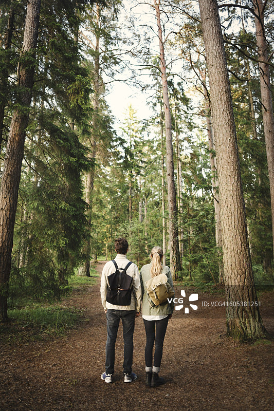 后视图的奇妙欲望夫妇站在一起在森林图片素材