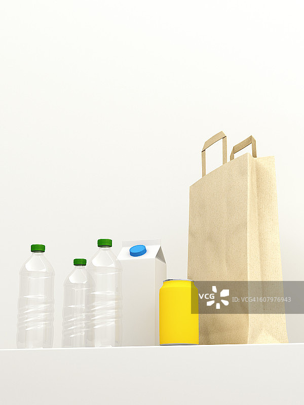3D渲染，可重复使用的塑料瓶和纸袋的白色背景图片素材