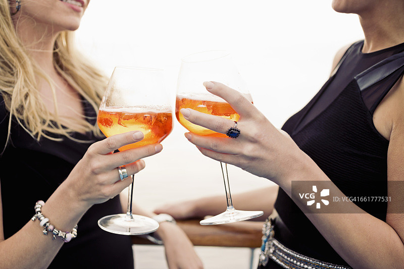 两个女人用开胃酒敬酒，特写图片素材