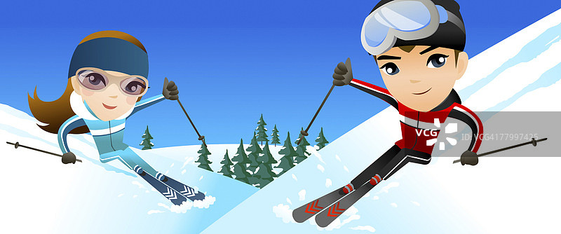 一男一女在雪地上滑雪的肖像图片素材