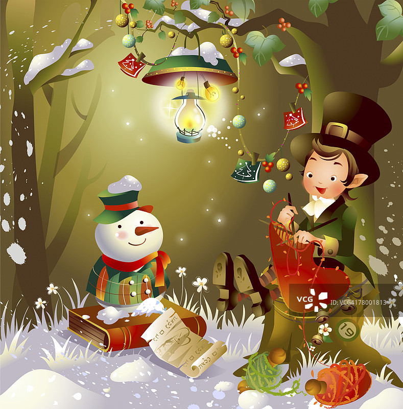 一个男孩在树下编织，旁边有一个雪人图片素材
