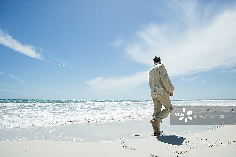 商人赤脚走在沙滩上，后视镜图片素材