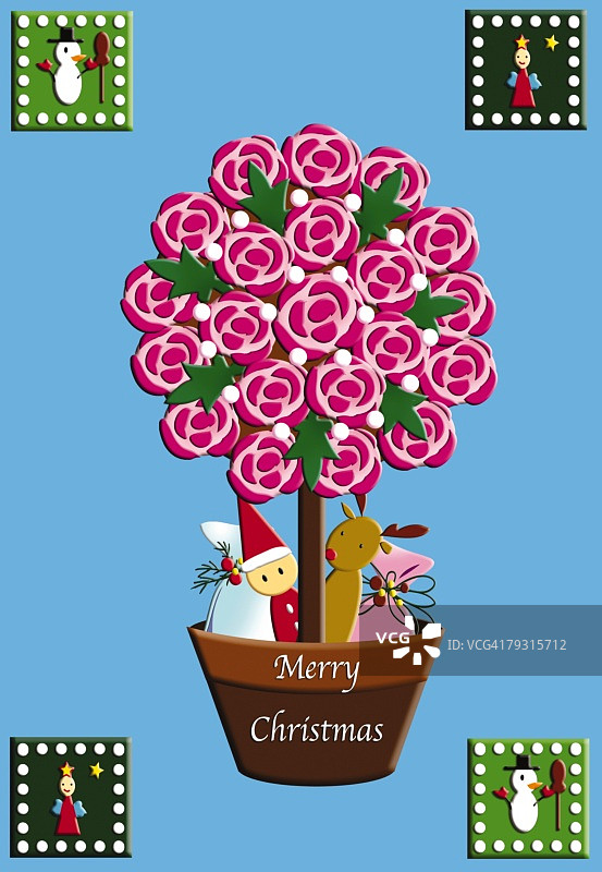 绘制圣诞树，玫瑰和圣诞装饰品，插图图片素材