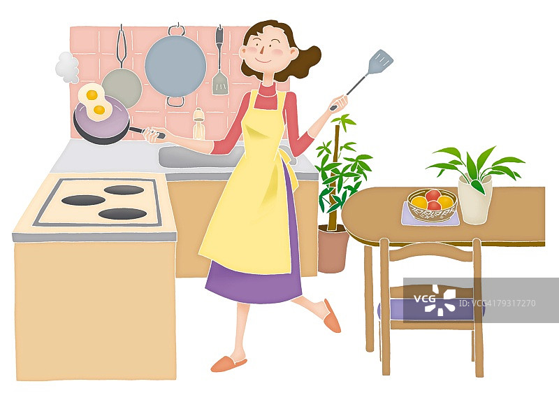 母亲在厨房做饭，插画图片素材