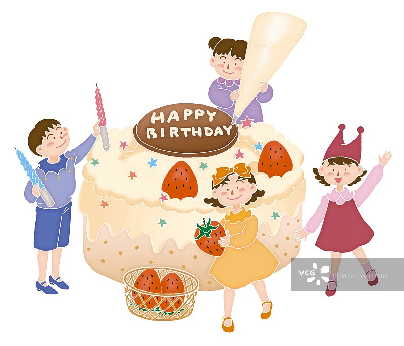 孩子们在做一个大生日蛋糕，插图图片素材