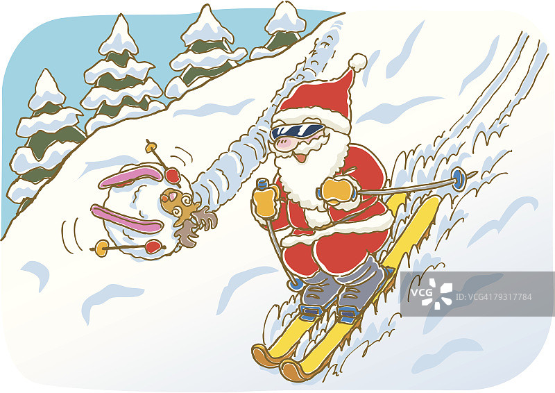 圣诞老人滑雪和驯鹿滚下来的画，插图图片素材