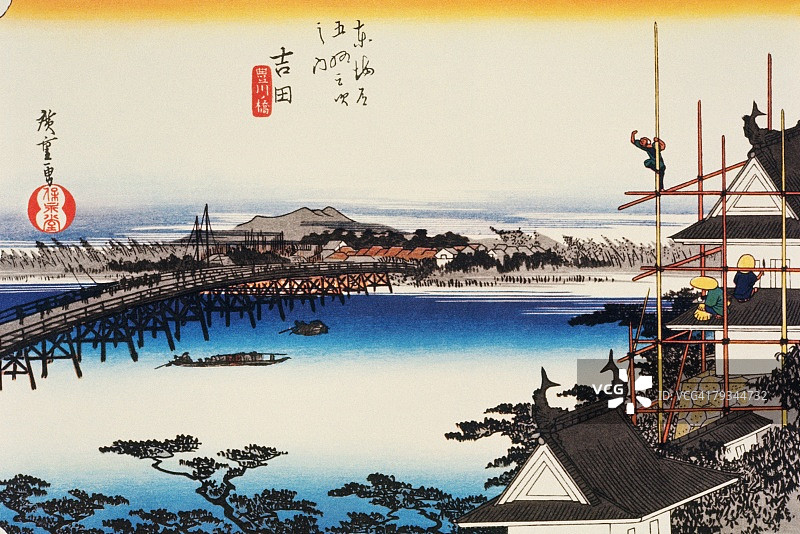 江户时代吉田风光、绘画、木刻、日本木版图片素材