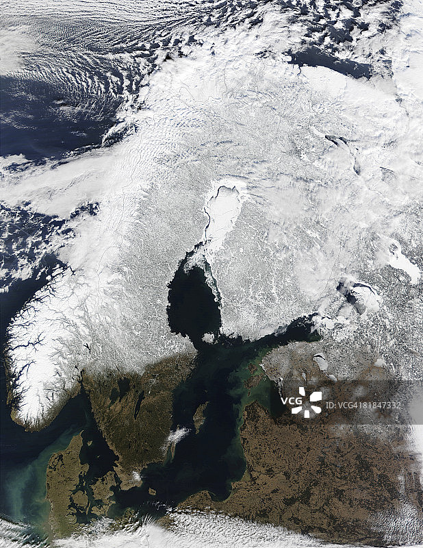 斯堪的纳维亚半岛的卫星视图。图片素材