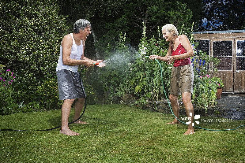 成熟的夫妇互相喷洒花园软管。图片素材