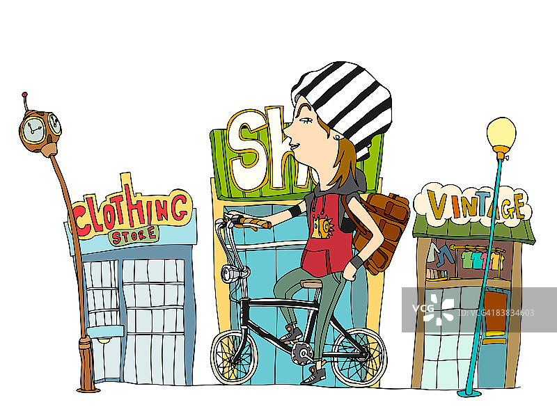 骑自行车的女人站在商店前面图片素材