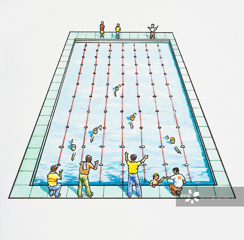 父亲站在泳池边支持比赛中的孩子的插图图片素材