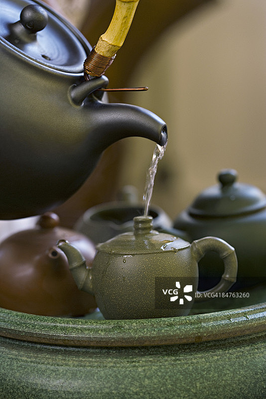 中国的茶道，在泡茶叶之前先加热茶壶图片素材