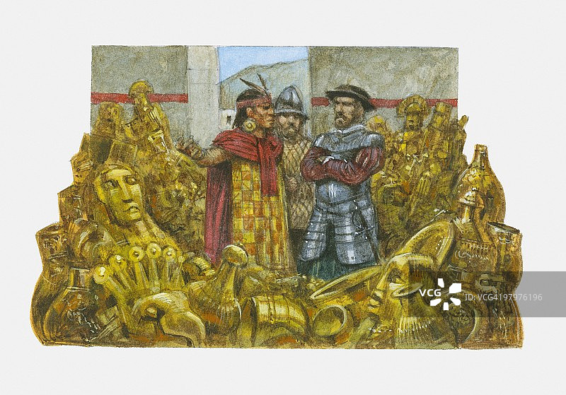 插图:弗朗西斯科·皮萨罗站在印加皇帝阿塔瓦尔帕旁边，房间里满是金子图片素材