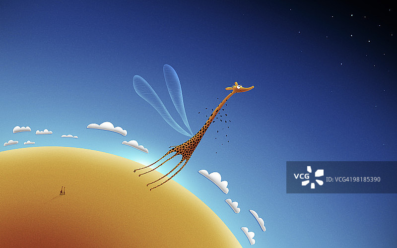 长颈鹿学习飞行的插图。图片素材