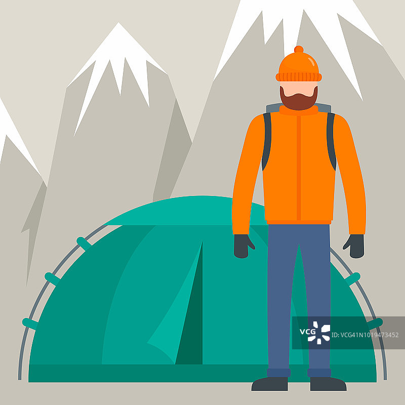 徒步者靠近帐篷山背景，风格平坦图片素材