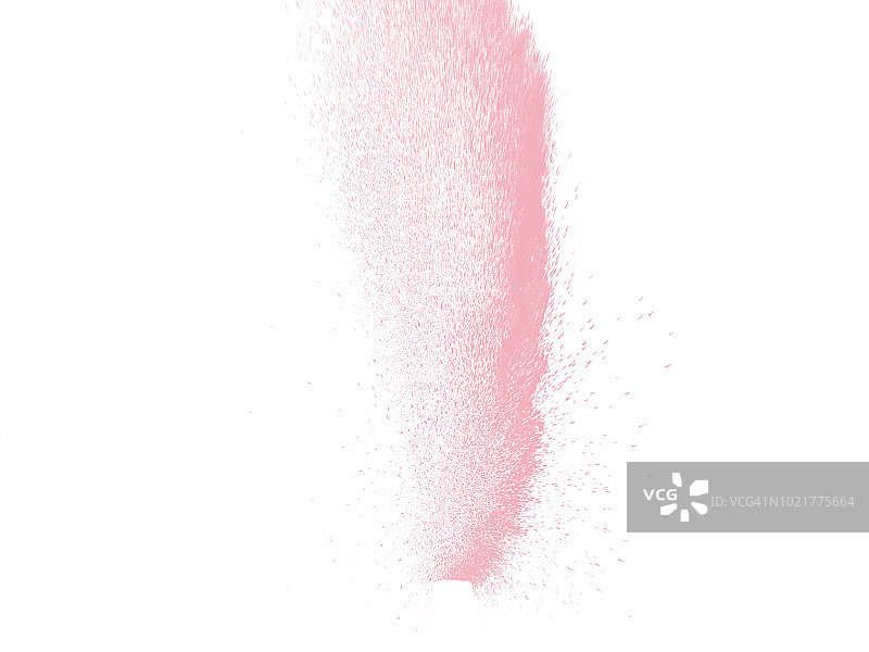一团淡粉色的粉末颗粒在白色的背景上撞击而产生爆炸。图片素材