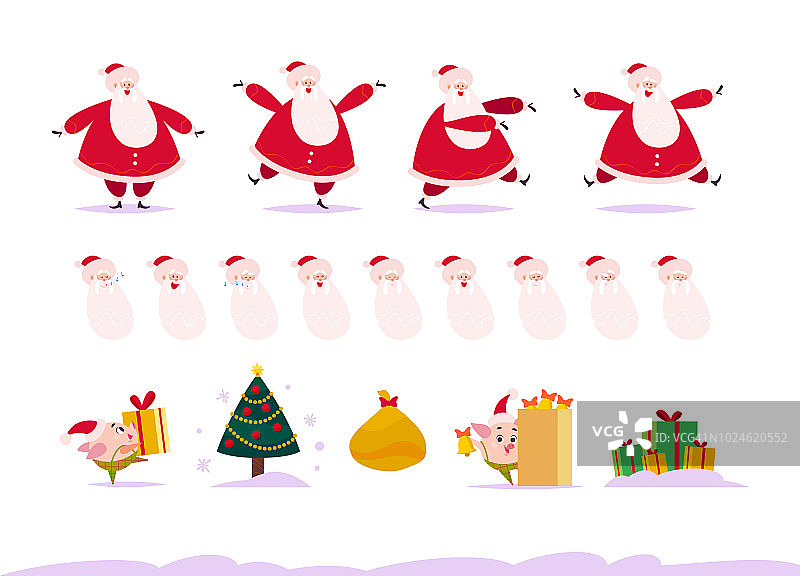 矢量平套圣诞快乐快乐圣诞老人不同姿势，情感收集，猪精灵与礼物盒，铃铛，新年树，礼物袋，雪图片素材