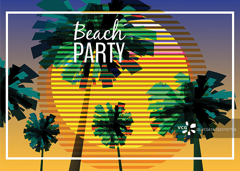 海滩派对在海边，海景观与棕榈树，极简主义插图。海景日出或日落。向量的背景,孤立图片素材