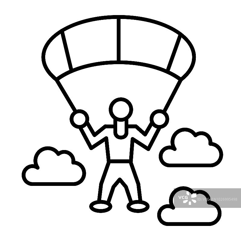 跳伞者细线图标。降落伞和云矢量插图孤立在白色。降落伞轮廓风格设计，专为网页和应用设计。Eps 10。图片素材
