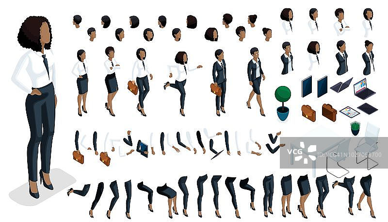 大的等距手势和腿的非洲裔美国女性3d商务女士。为矢量图创建等距办公人员图片素材