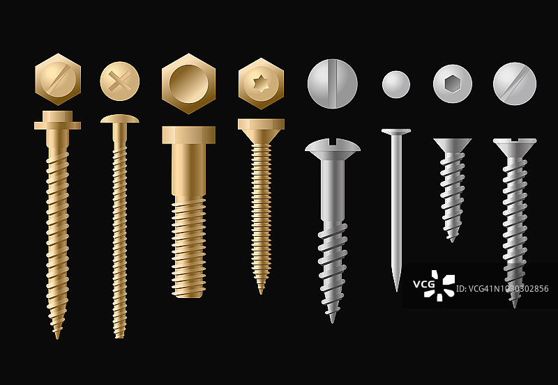 矢量插图设置的螺丝，螺栓，螺母和铆钉在银色和金色的颜色，孤立在黑色的背景。图片素材