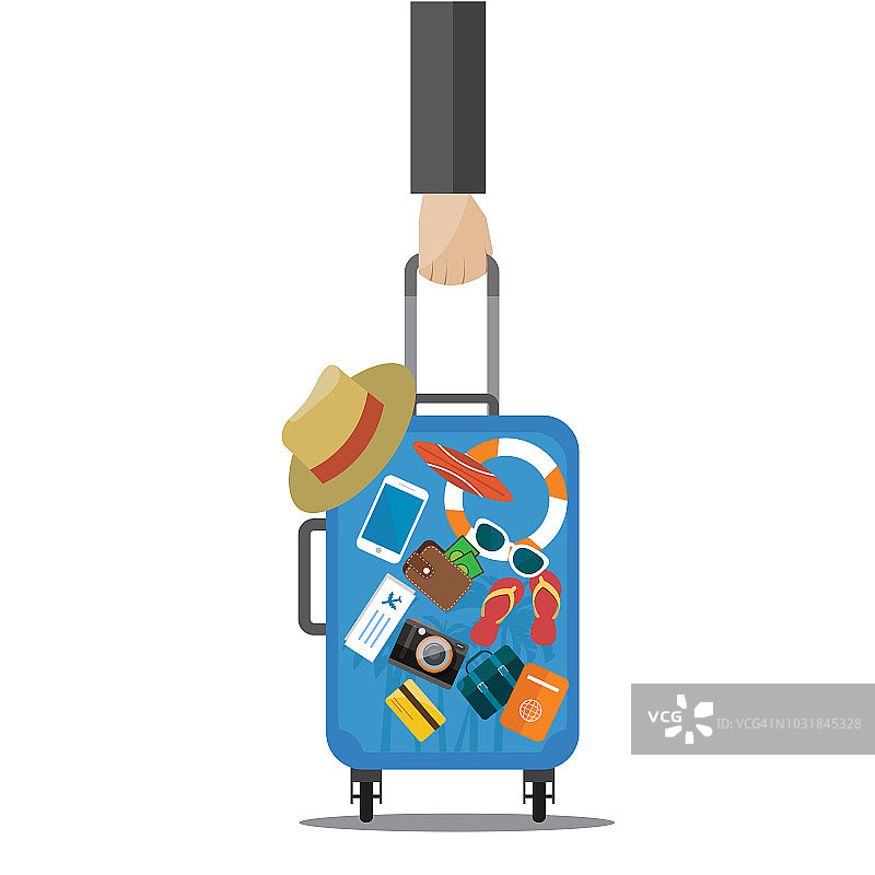 商务人士手拿行李与图标一套计划一个暑假旅游度假旅行旅游和旅游物品。矢量插画家。图片素材