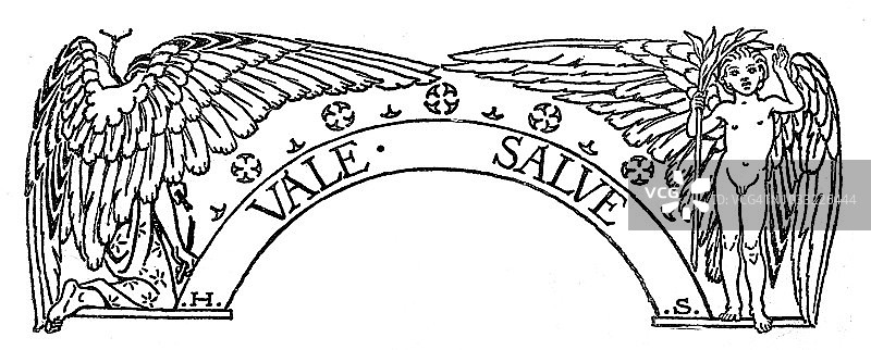 维多利亚时代的黑色和白色椭圆形风格化页眉或页脚描绘两个天使与一边的拱门与文字vale药膏;英语画报杂志1892年图片素材