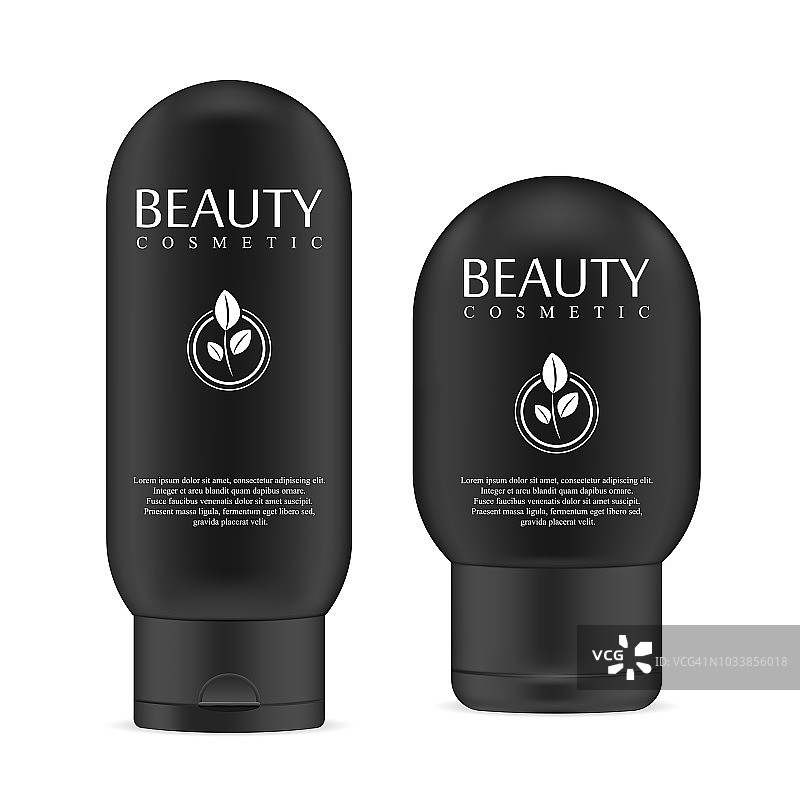 黑色逼真化妆品瓶，适用于洗发水、凝胶、皂液、牛奶等护肤品。HQ EPS10矢量模型集。图片素材