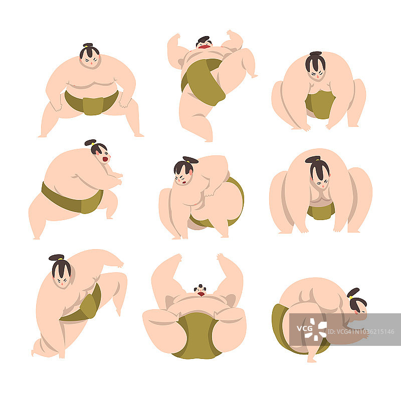 相扑摔跤手角色集，su潮湿运动员在行动，日本武术斗士矢量插图上的白色背景图片素材