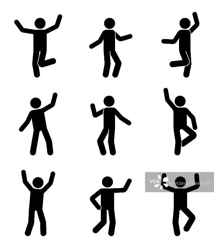 快乐的人stick figure图标设置。男人以不同姿势庆祝象形文字图片素材