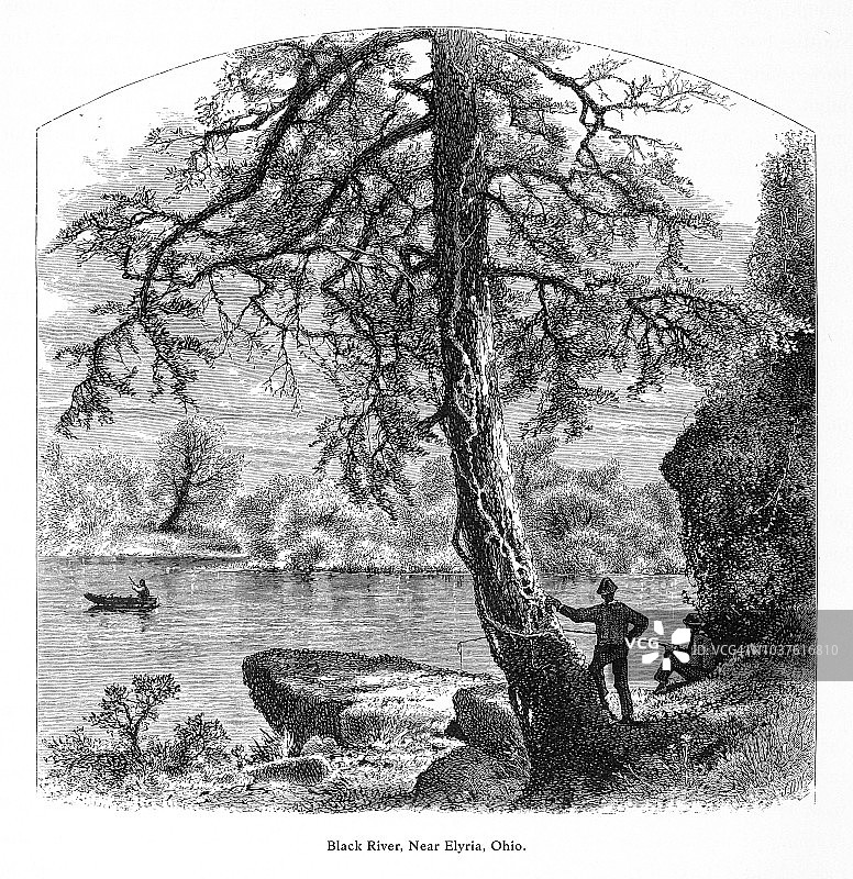 美国俄亥俄州伊利里亚附近的黑河，美国维多利亚版画，1872年图片素材