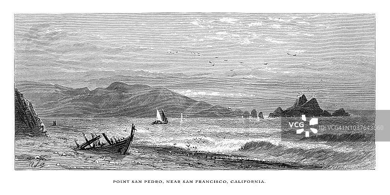 美国加州海岸旧金山附近的圣佩德罗角，美国维多利亚版画，1872年图片素材