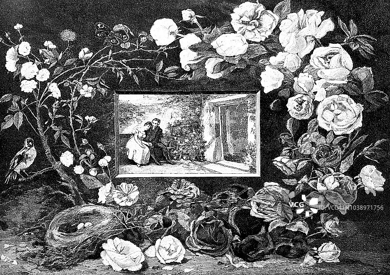 情侣在盛开的玫瑰中相爱图片素材
