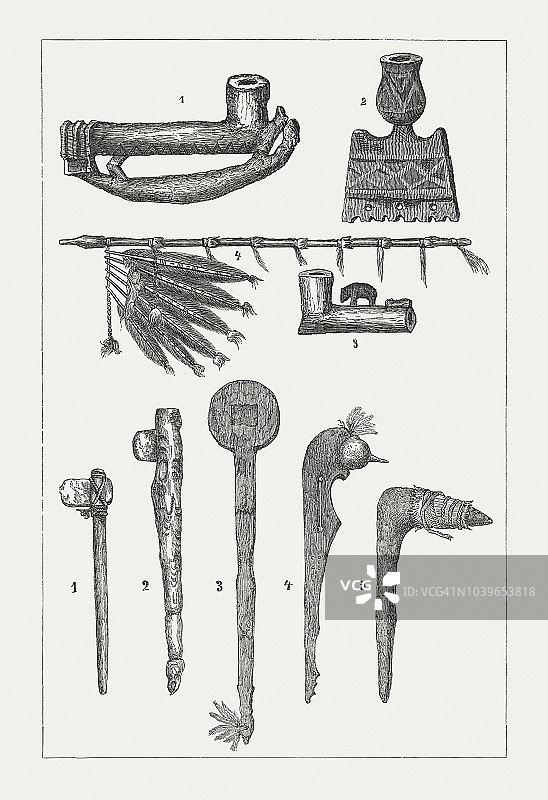 印第安人和平烟斗和战斧，木刻，1876年出版图片素材