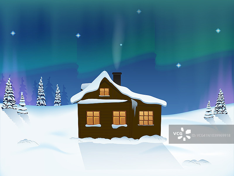 冬季山夜景观。小木屋。烟从烟囱里冒出来。天空中的北极光。明亮的窗户图片素材